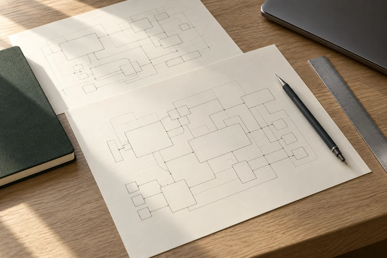 Illustrative planning workspace with unlabelled connection diagrams, notebook and pencil