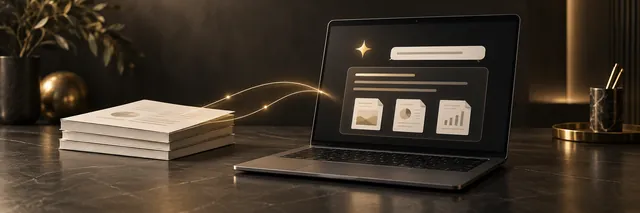 Concept illustration of business documents informing an AI assistant on a laptop