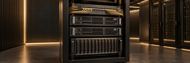 Illustration of enterprise network, compute and storage equipment in a rack